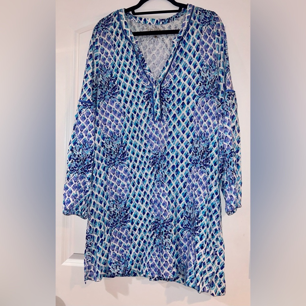 Lilly Pulitzer Toe In Blue White Pineapples Joy Long Sleeve Tunic Dress size XL